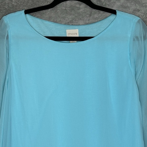 Chicos 0 Size Small Top Shirt Blue Solid Flared Sheer 3/4 Sleeve Scoop Neck - Picture 3 of 7